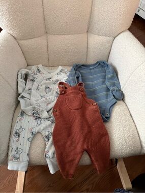 Disney Blue Striped Bodysuit & Rust Knit Overalls Set